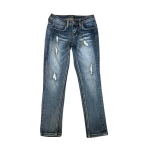 Dollhouse Charley Skinny Jeans Blue Medium Wash Distressed Low-Rise Cropped